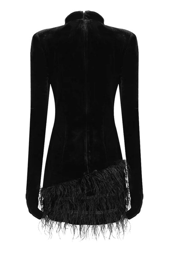 Mock Neck Sequin Scroll Embroidery Integrated Glove Sleeve Feather Trim Velvet Mini Dress 6