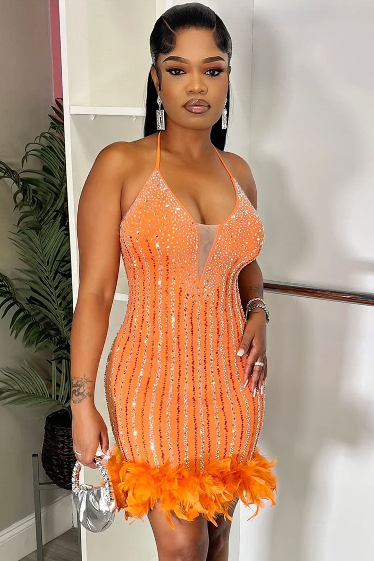 Rhinestone Vertical Stripe Deep V Halter Neck Feather Trim Bodycon Mini Dress