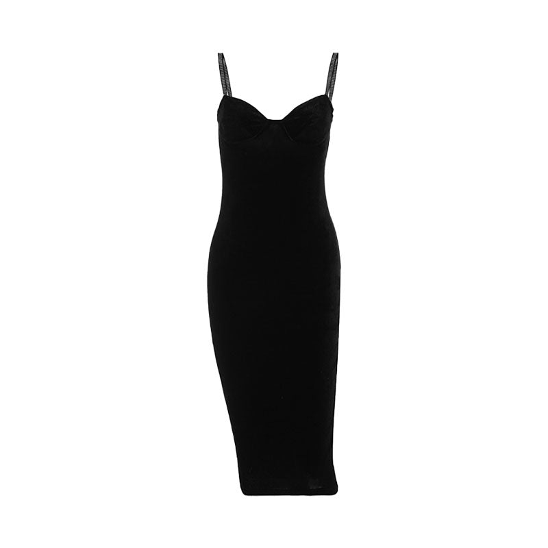 Black Sweetheart Neck Rhinestone Cocktail Midi Dress 3