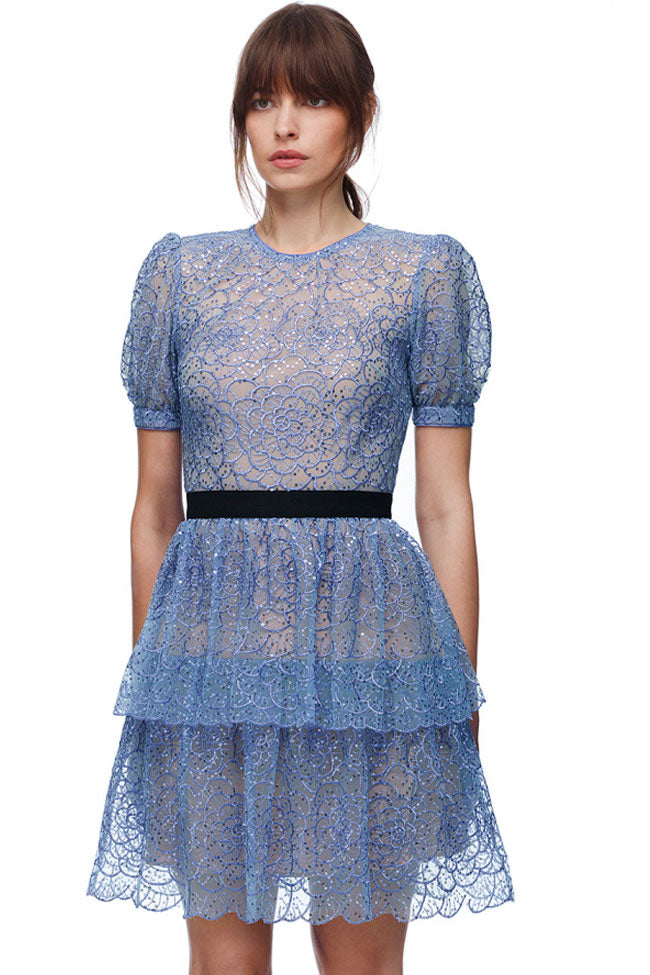 Sequin Floral Lace Puff Sleeve Crew Neck Contrast Waist Tiered Mini Dress 2