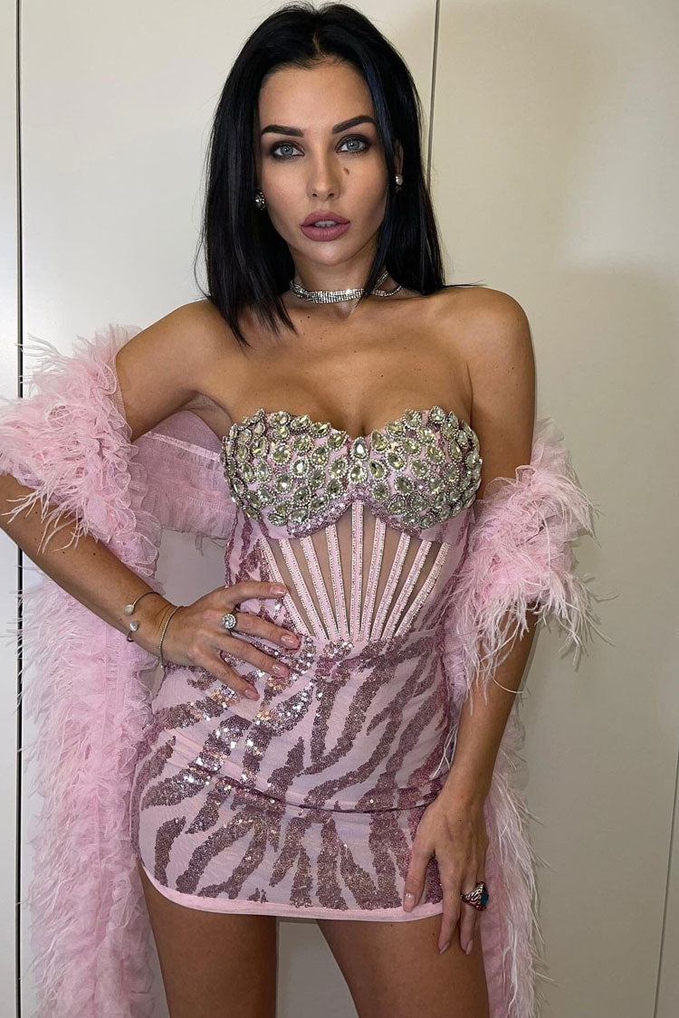 Rhinestone Embellished Mesh Corset Panel Zebra Print Strapless Mini Dress