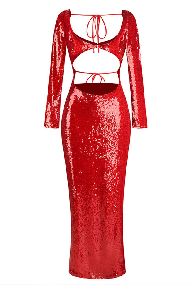 Sequin Sweetheart Deep V-Neck Waist Cutout Long Sleeve Mermaid Maxi Gown 4