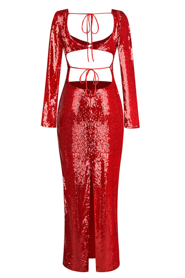 Sequin Sweetheart Deep V-Neck Waist Cutout Long Sleeve Mermaid Maxi Gown 5