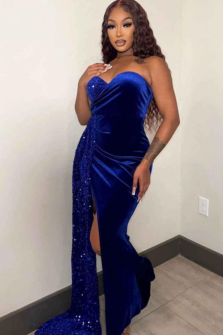Strapless Sweetheart Velvet Sequin Draped Side Train High Split Maxi Gown 2