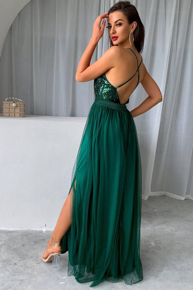 Sequin Deep V-Neck Spaghetti Strap High Slit Layered Tulle Maxi Gown 3