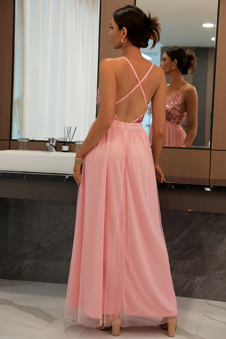 Sequin Deep V-Neck Empire Waist Tulle Overlay High Slit Maxi Gown 3