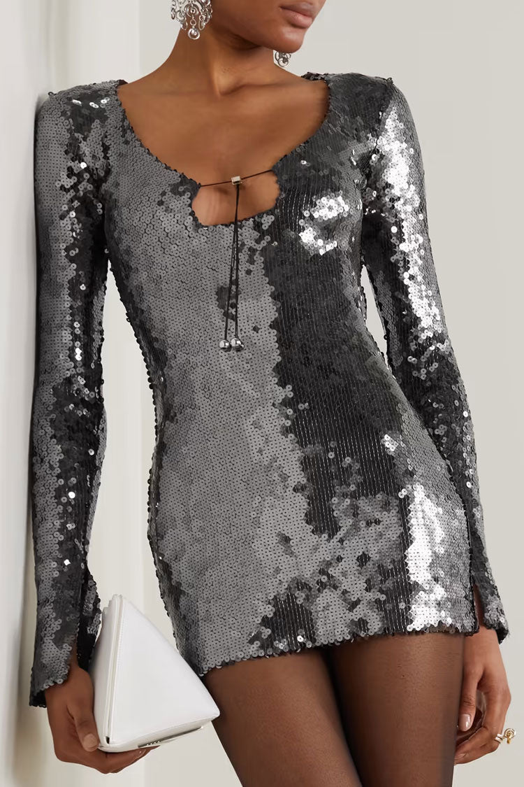 Scoop Neck Keyhole Drawstring Tie Long Sleeve All-Over Sequin Bodycon Mini Dress