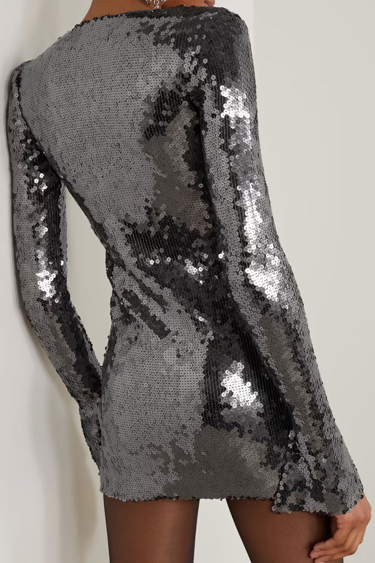 Scoop Neck Keyhole Drawstring Tie Long Sleeve All-Over Sequin Bodycon Mini Dress 2
