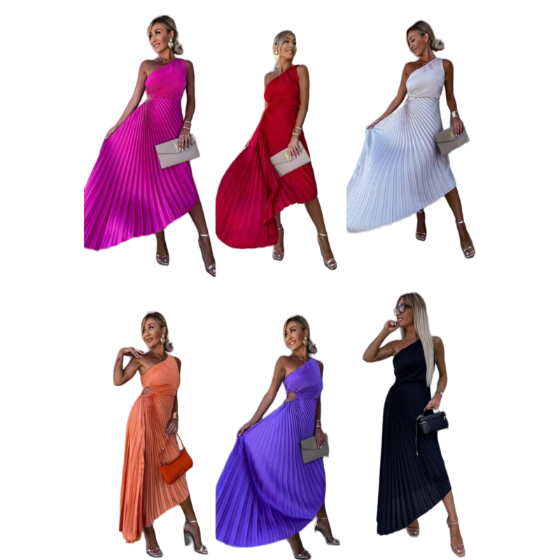 One-Shoulder Accordion Pleat Waist Cutout Handkerchief Hem Maxi Dress 2