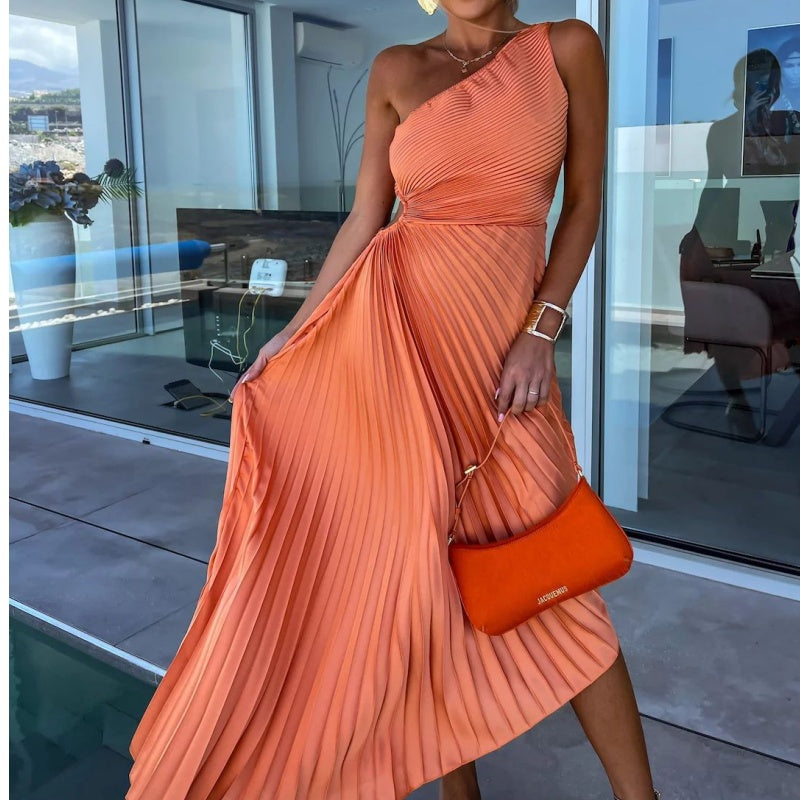 One-Shoulder Accordion Pleat Waist Cutout Handkerchief Hem Maxi Dress 4