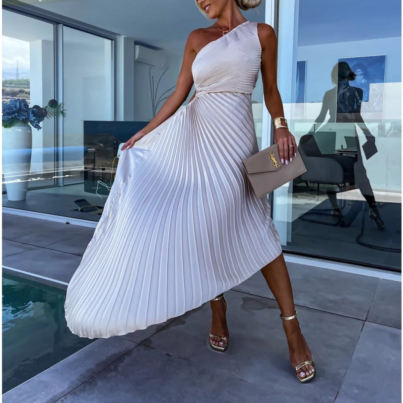 One-Shoulder Accordion Pleat Waist Cutout Handkerchief Hem Maxi Dress 5