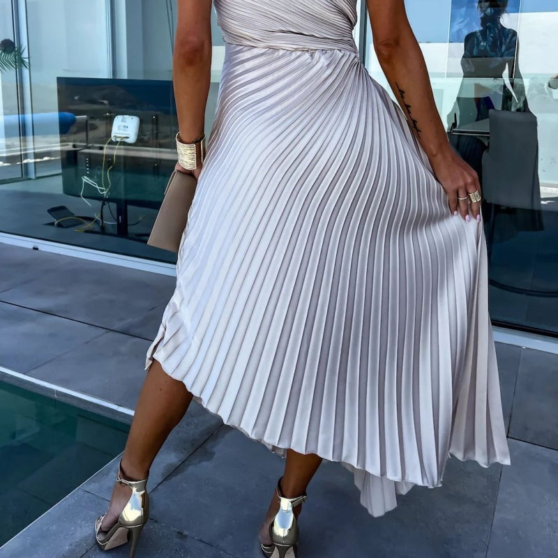 One-Shoulder Accordion Pleat Waist Cutout Handkerchief Hem Maxi Dress 6