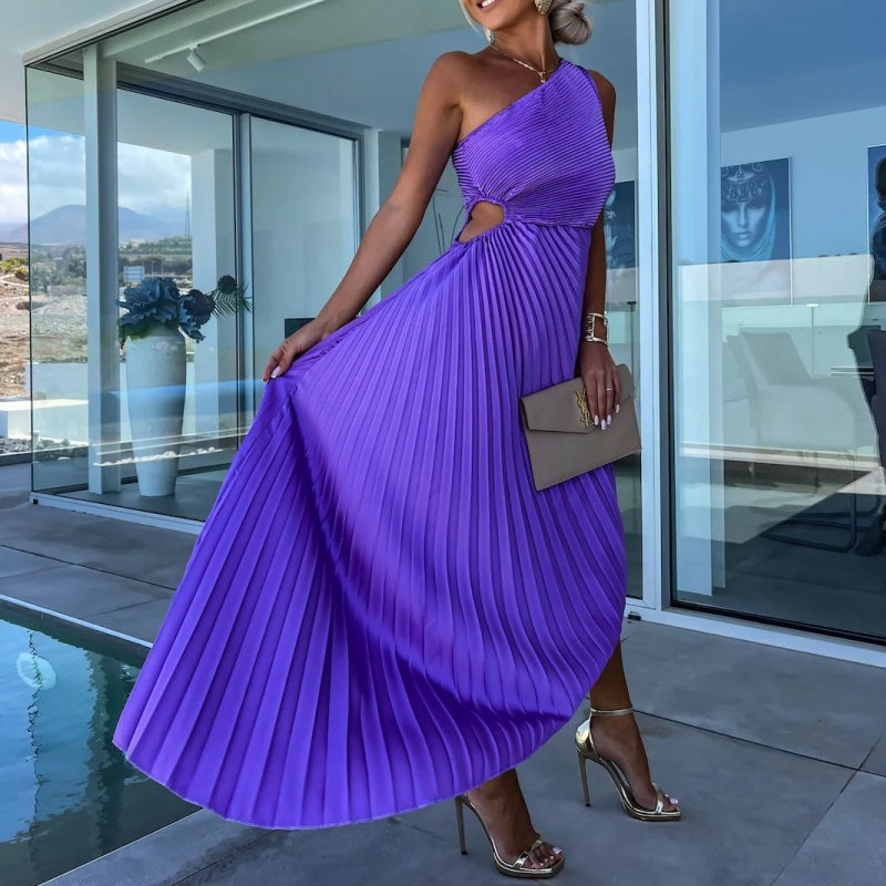 One-Shoulder Accordion Pleat Waist Cutout Handkerchief Hem Maxi Dress 9