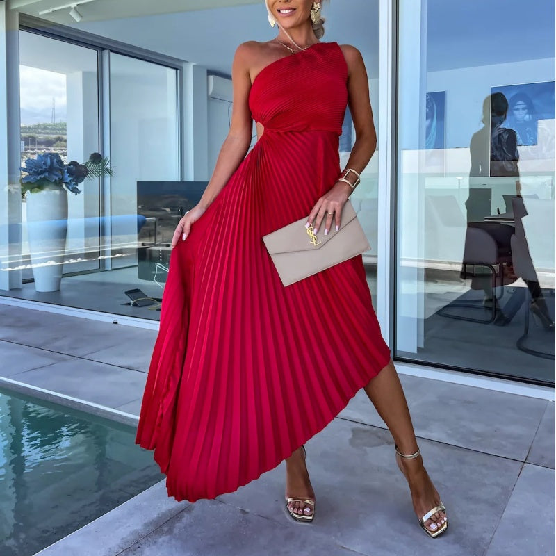 One-Shoulder Accordion Pleat Waist Cutout Handkerchief Hem Maxi Dress 8