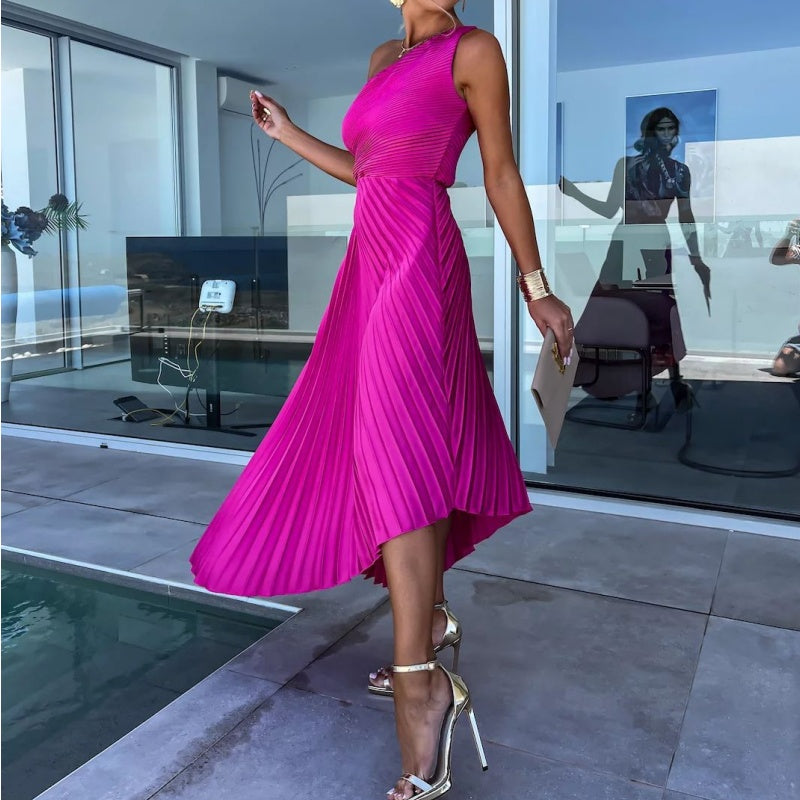 One-Shoulder Accordion Pleat Waist Cutout Handkerchief Hem Maxi Dress 7