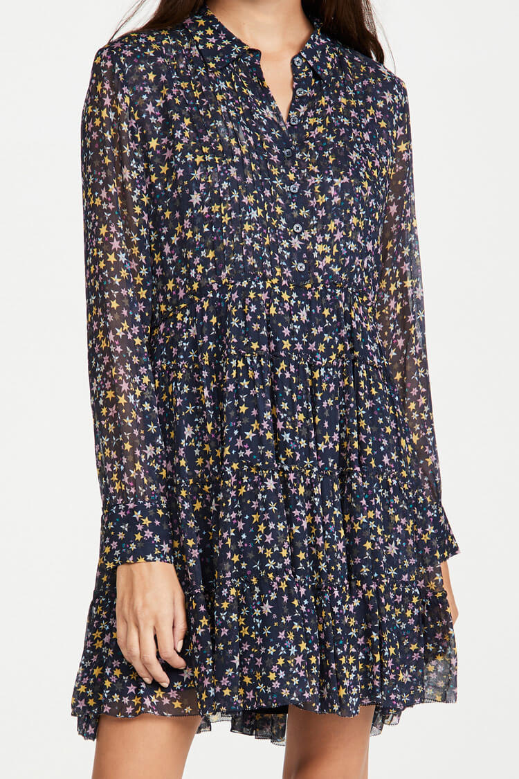 Starry Long Sleeve Pleated French Midi Dress