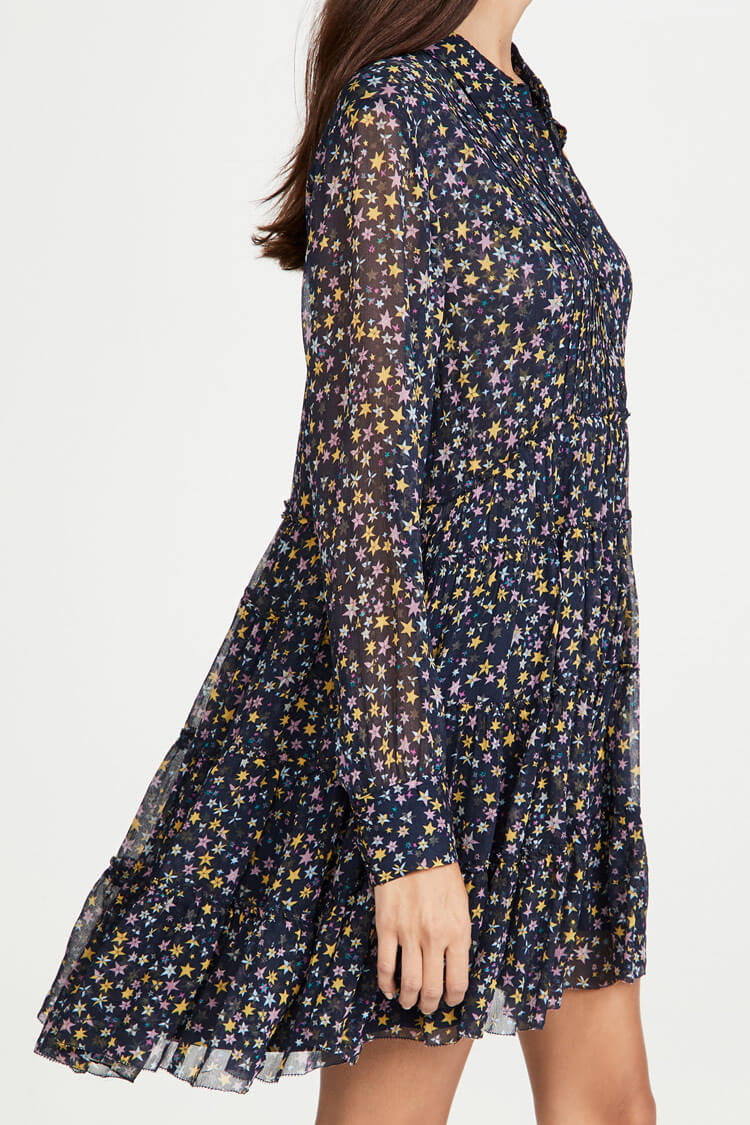 Starry Long Sleeve Pleated French Midi Dress 2