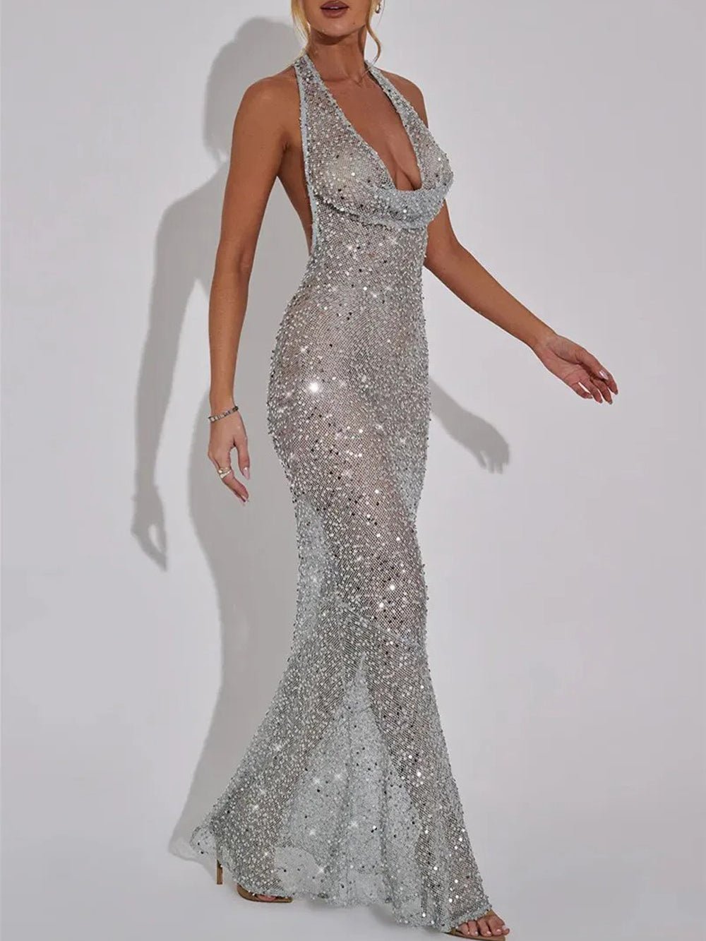 Sequin Deep V-Neck Sleeveless Mermaid Maxi Gown 4