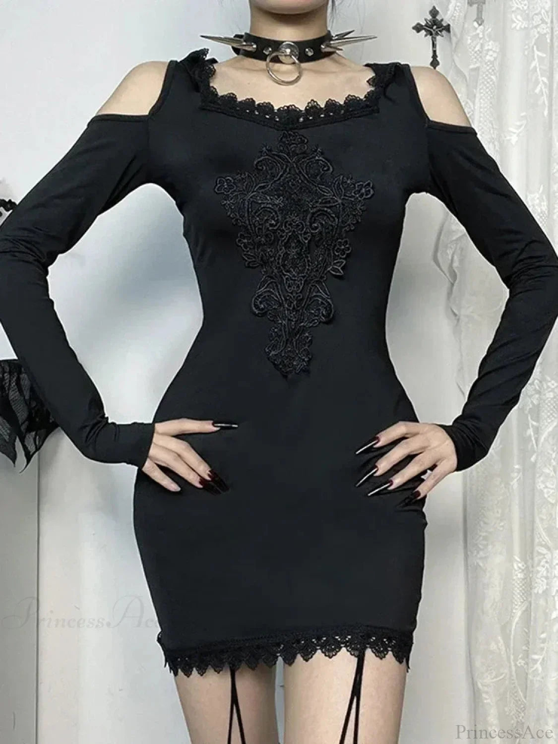Lace Applique Cold-Shoulder Long Sleeve Hooded Bodycon Mini Dress