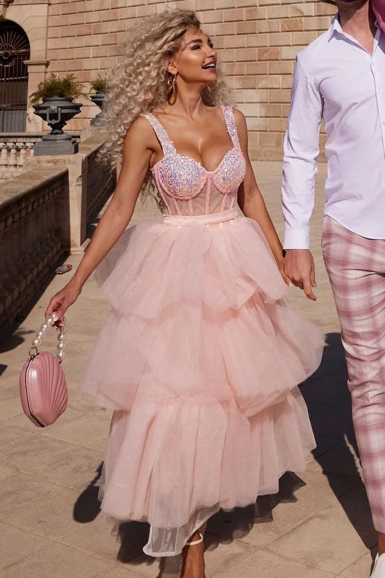 Sequin Corset Sweetheart Tiered Tulle Ball Gown Maxi Dress