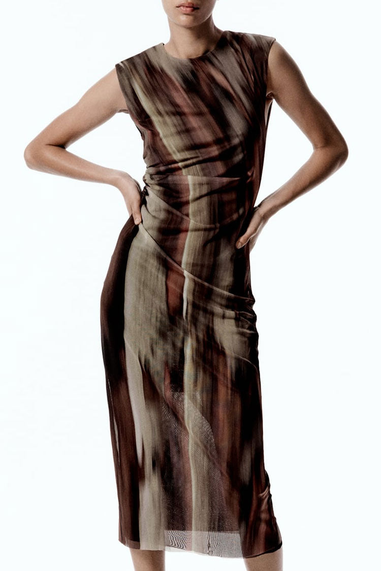 Abstract Print Crew Neck Sleeveless Ruched Mesh Midi Dress