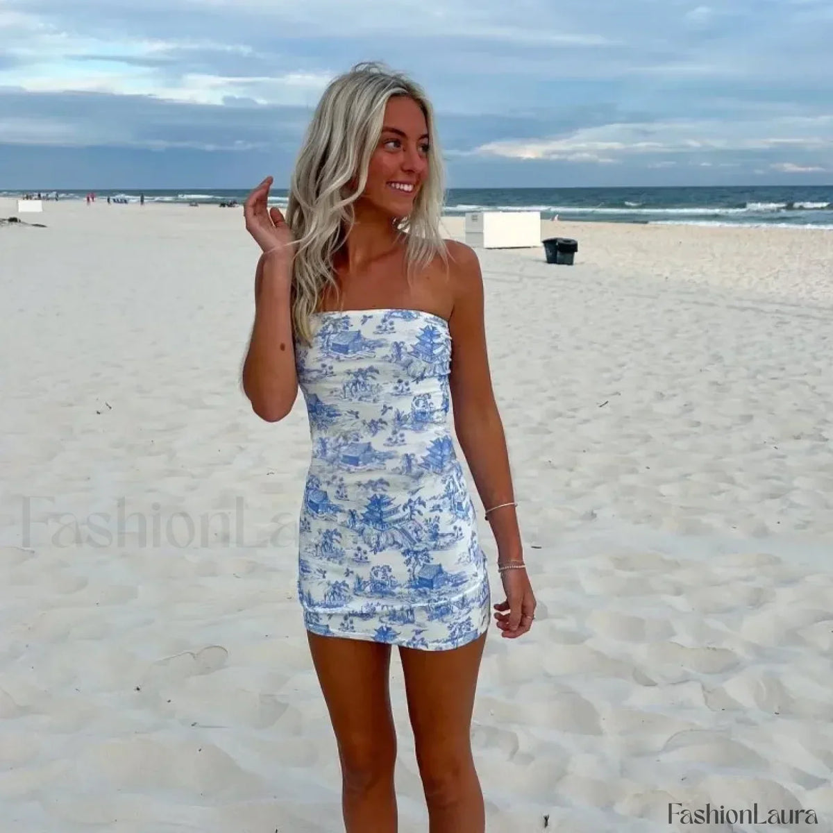 Blue Printed Tube Mini Dress 11