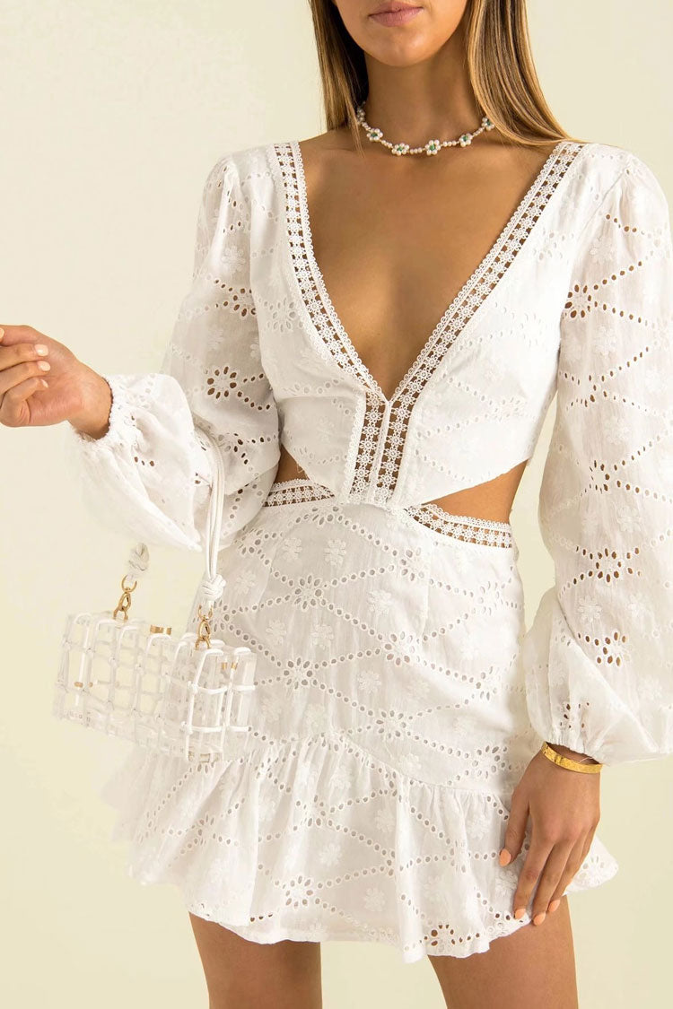 Eyelet Lace Deep V Cutout Puff Sleeve Mini Dress