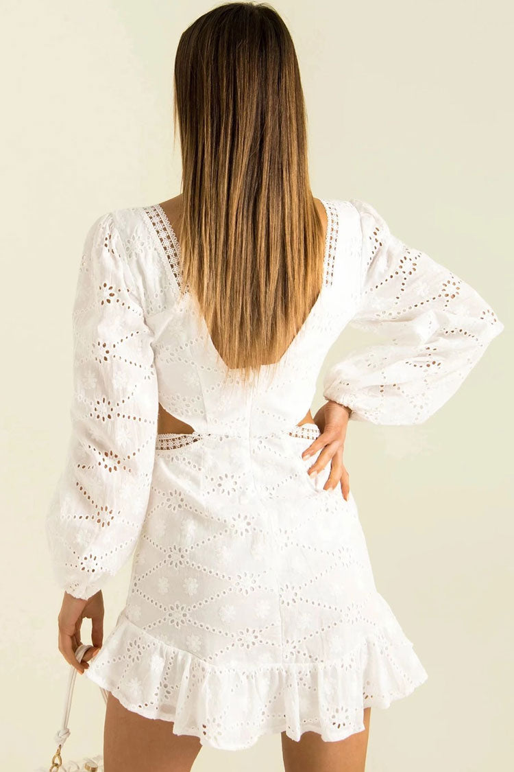 Eyelet Lace Deep V Cutout Puff Sleeve Mini Dress 2