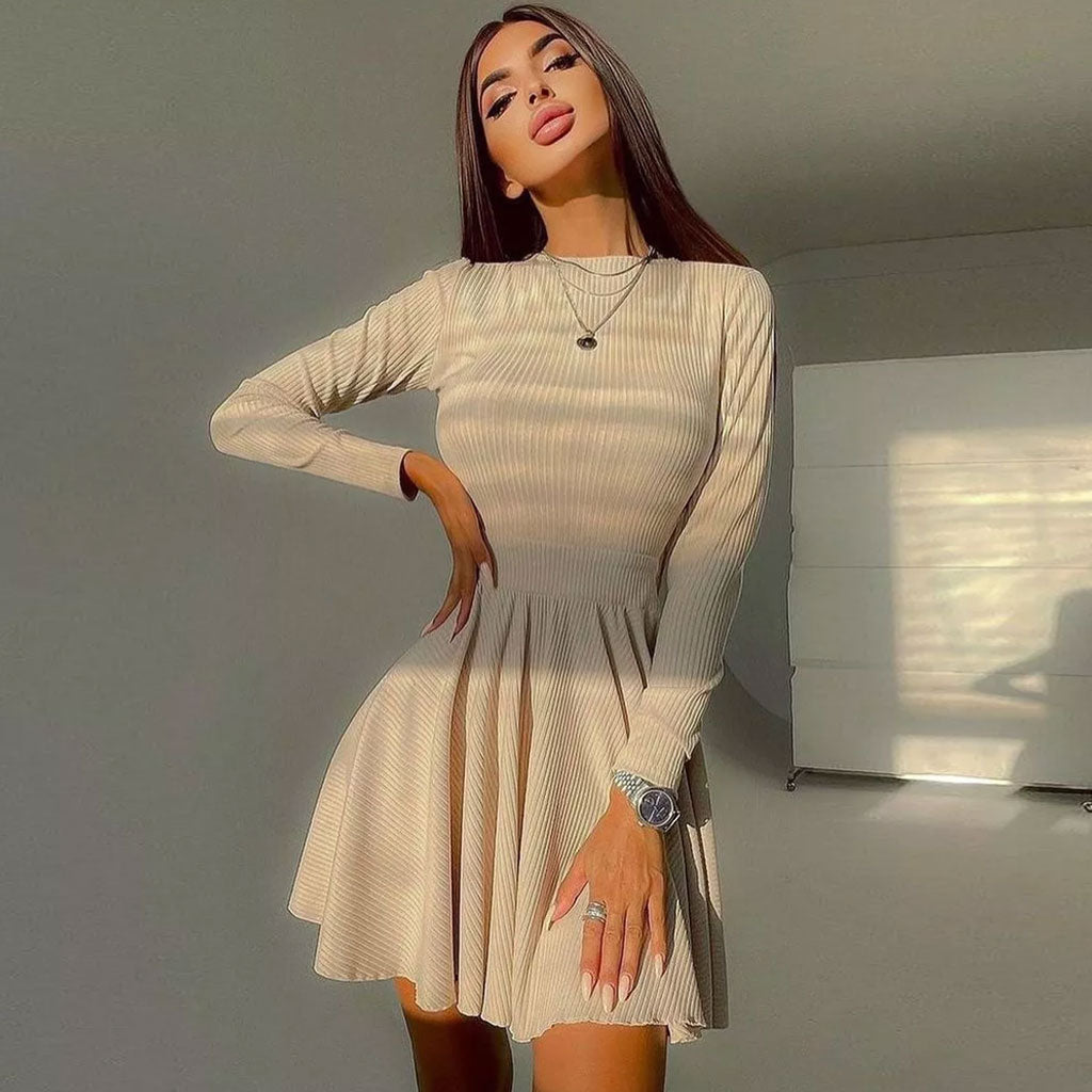 Crew Neck Rib Knit Long Sleeve Skater Mini Dress