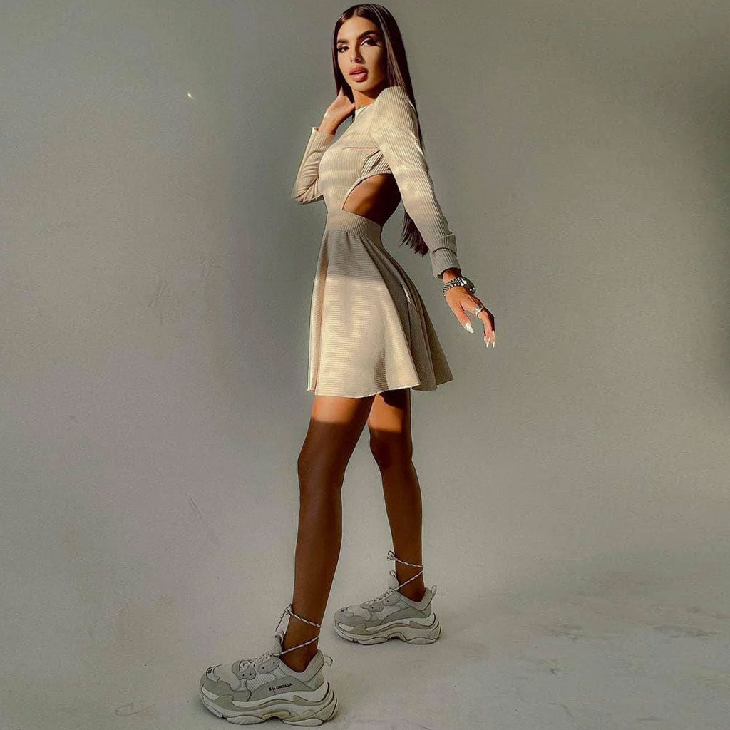 Crew Neck Rib Knit Long Sleeve Skater Mini Dress 3