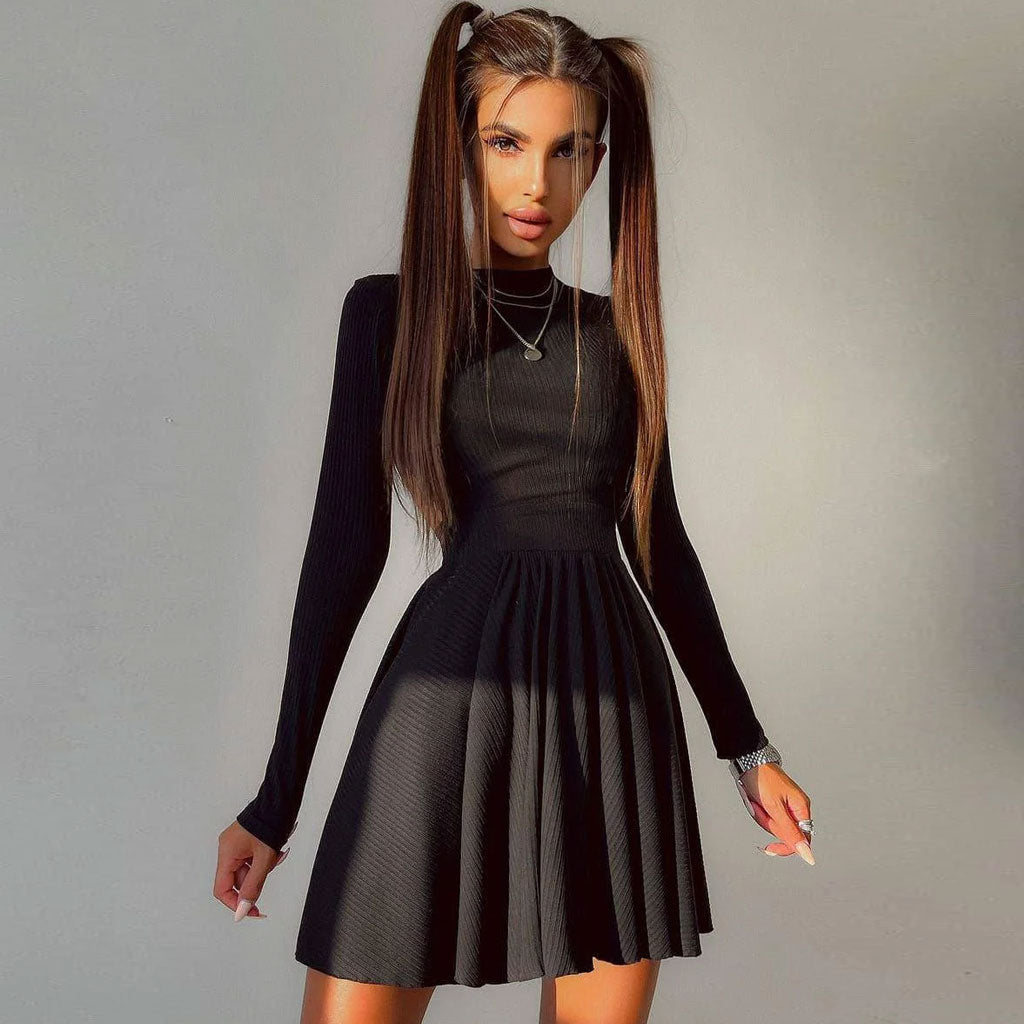 Mock Neck Rib Knit Long Sleeve Skater Mini Dress