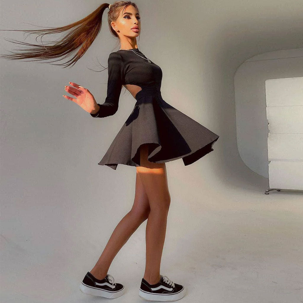 Mock Neck Rib Knit Long Sleeve Skater Mini Dress 3