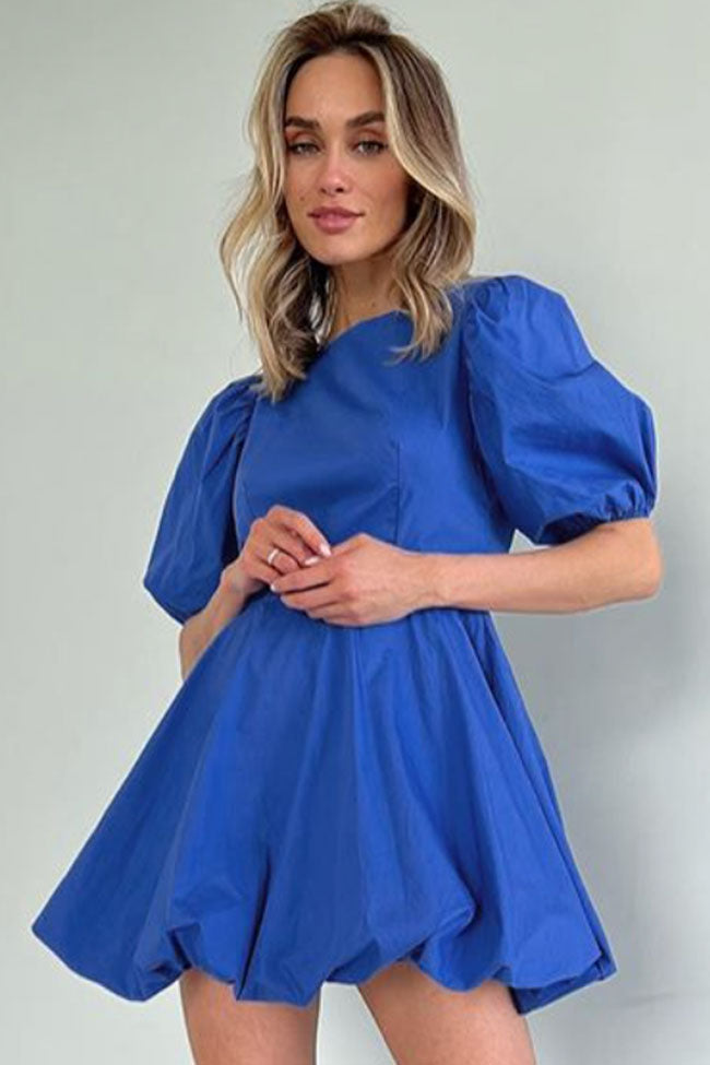 Crew Neck Puff Sleeve Bubble Hem Backless Mini Dress
