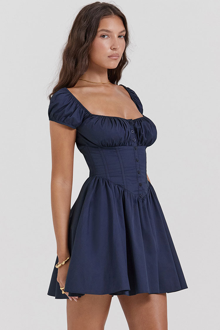 Scoop Neck Cap Sleeve Corset Button Front Fit and Flare Mini Dress 6