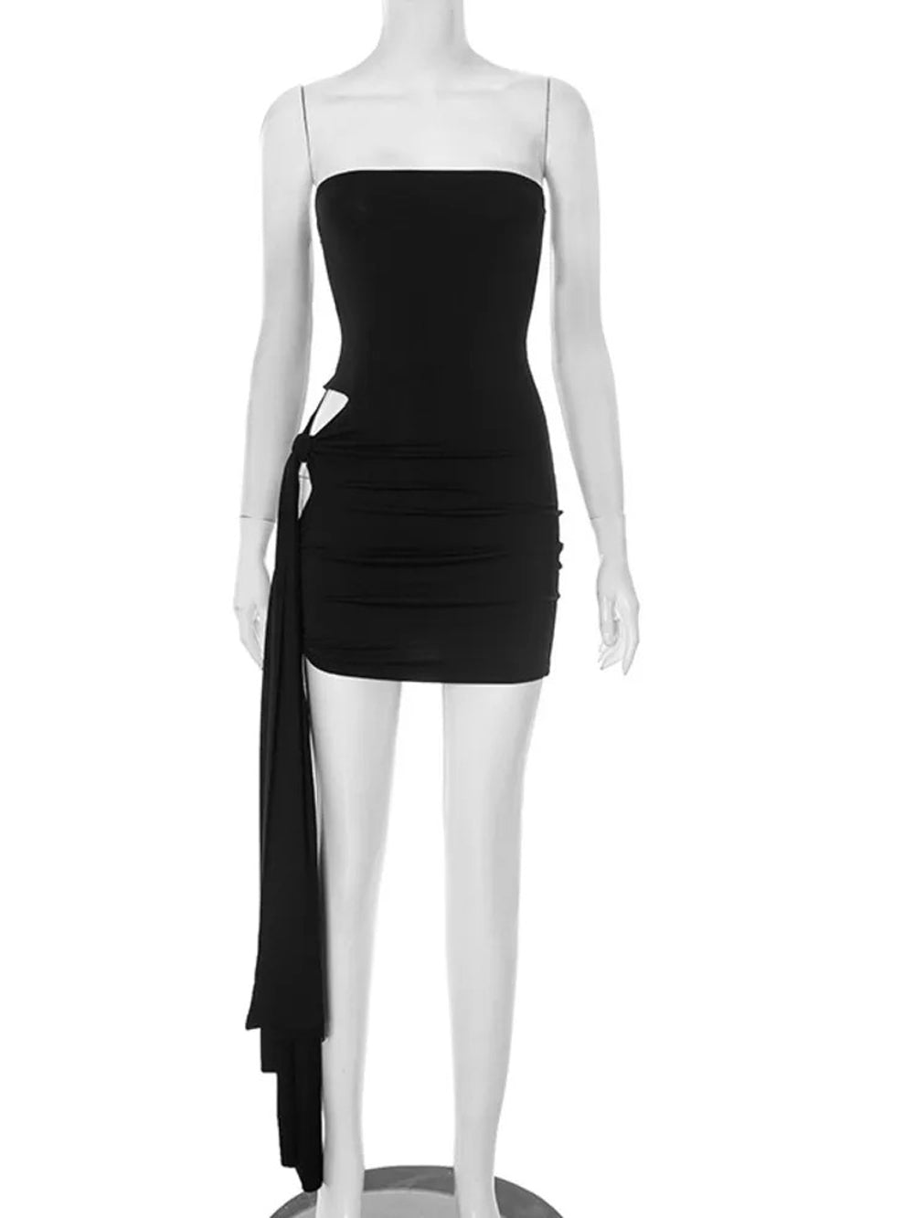 Strapless Waist Cut Out Knotted Sash Streamer Bodycon Mini Dress 2