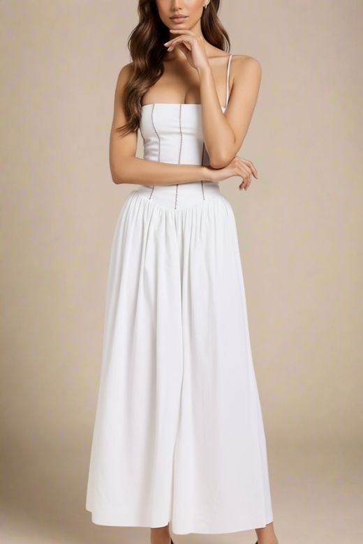 Pearl White Spaghetti Strap Corset Bustier Basque Waist Gathered Midi Dress