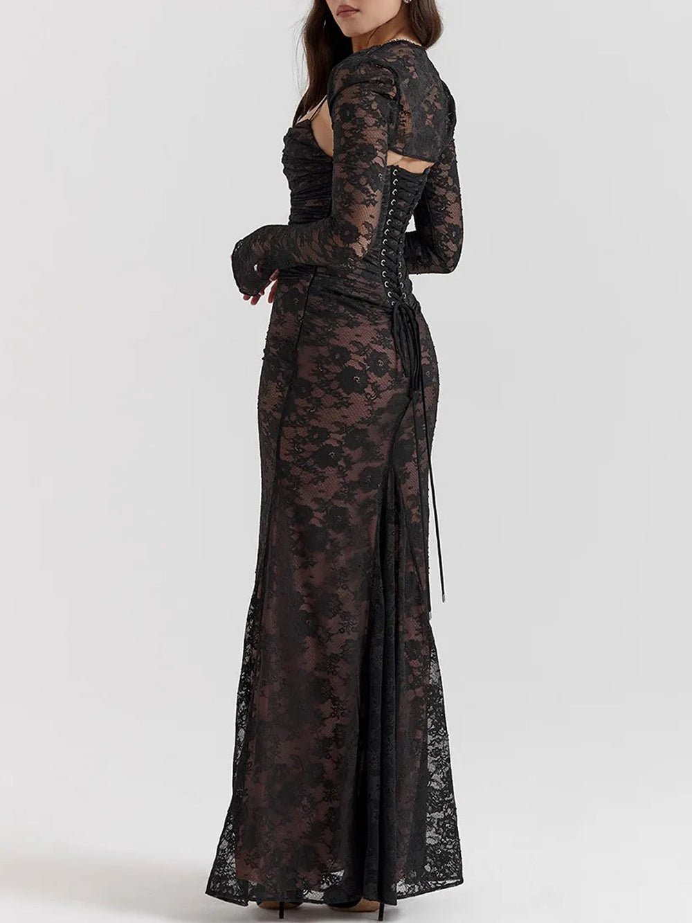 Floral Lace Sweetheart Spaghetti Strap Ruched Detached Sleeve Column Maxi Gown 4