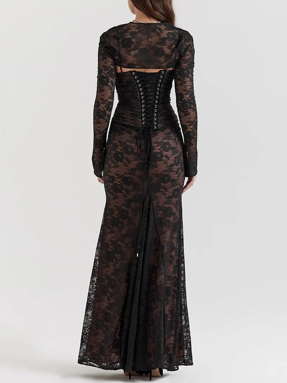 Floral Lace Sweetheart Spaghetti Strap Ruched Detached Sleeve Column Maxi Gown 2