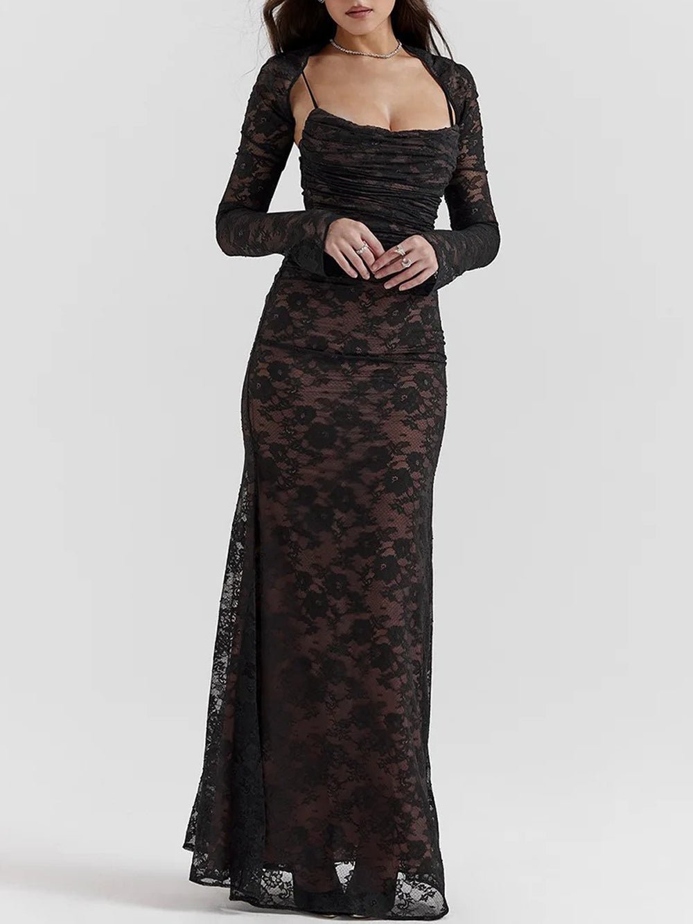Floral Lace Sweetheart Spaghetti Strap Ruched Detached Sleeve Column Maxi Gown 3