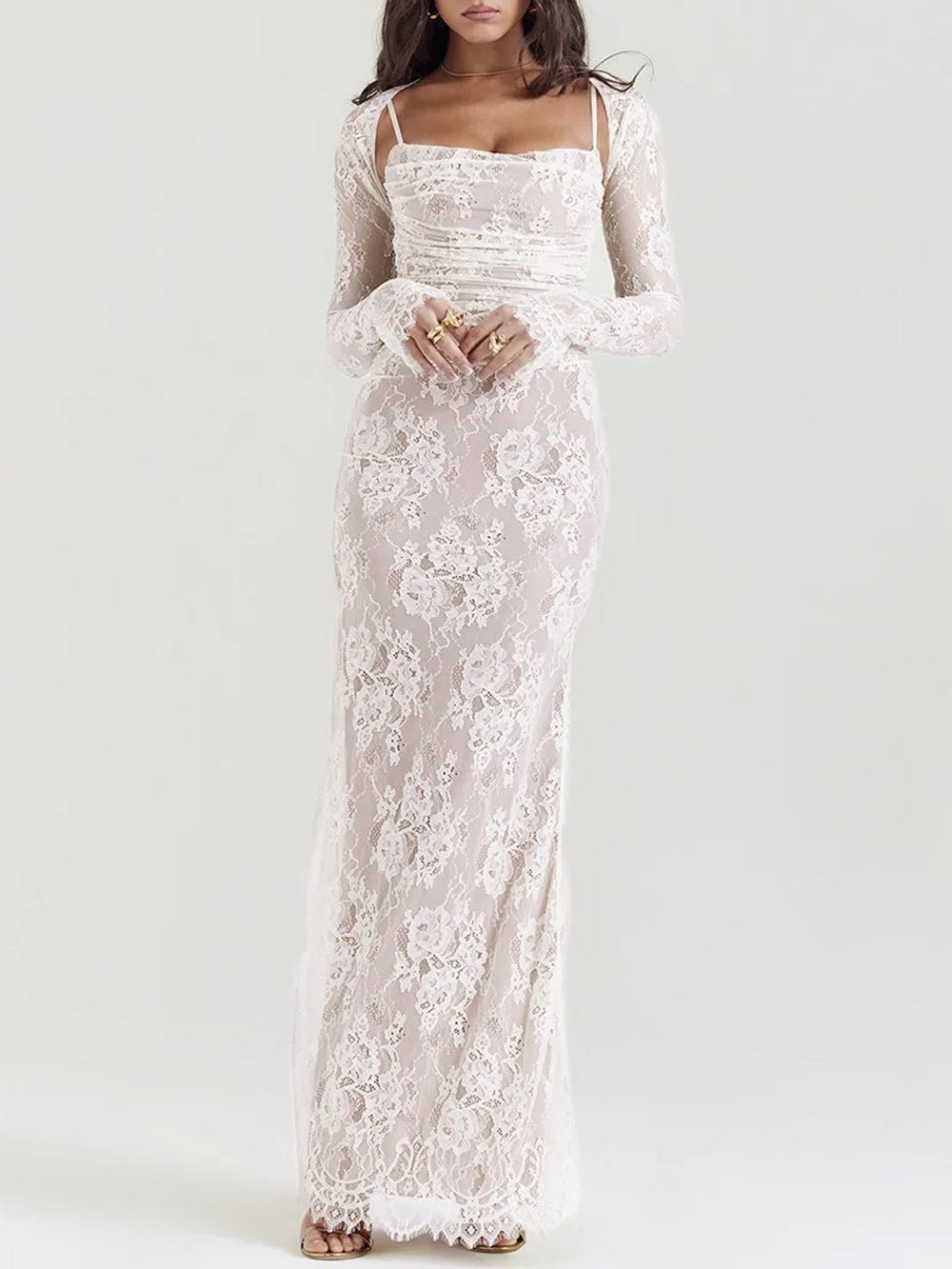 Floral Lace Sweetheart Spaghetti Strap Ruched Detached Sleeve Column Maxi Gown 9