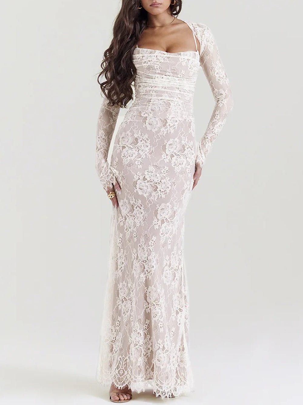 Floral Lace Sweetheart Spaghetti Strap Ruched Detached Sleeve Column Maxi Gown 7