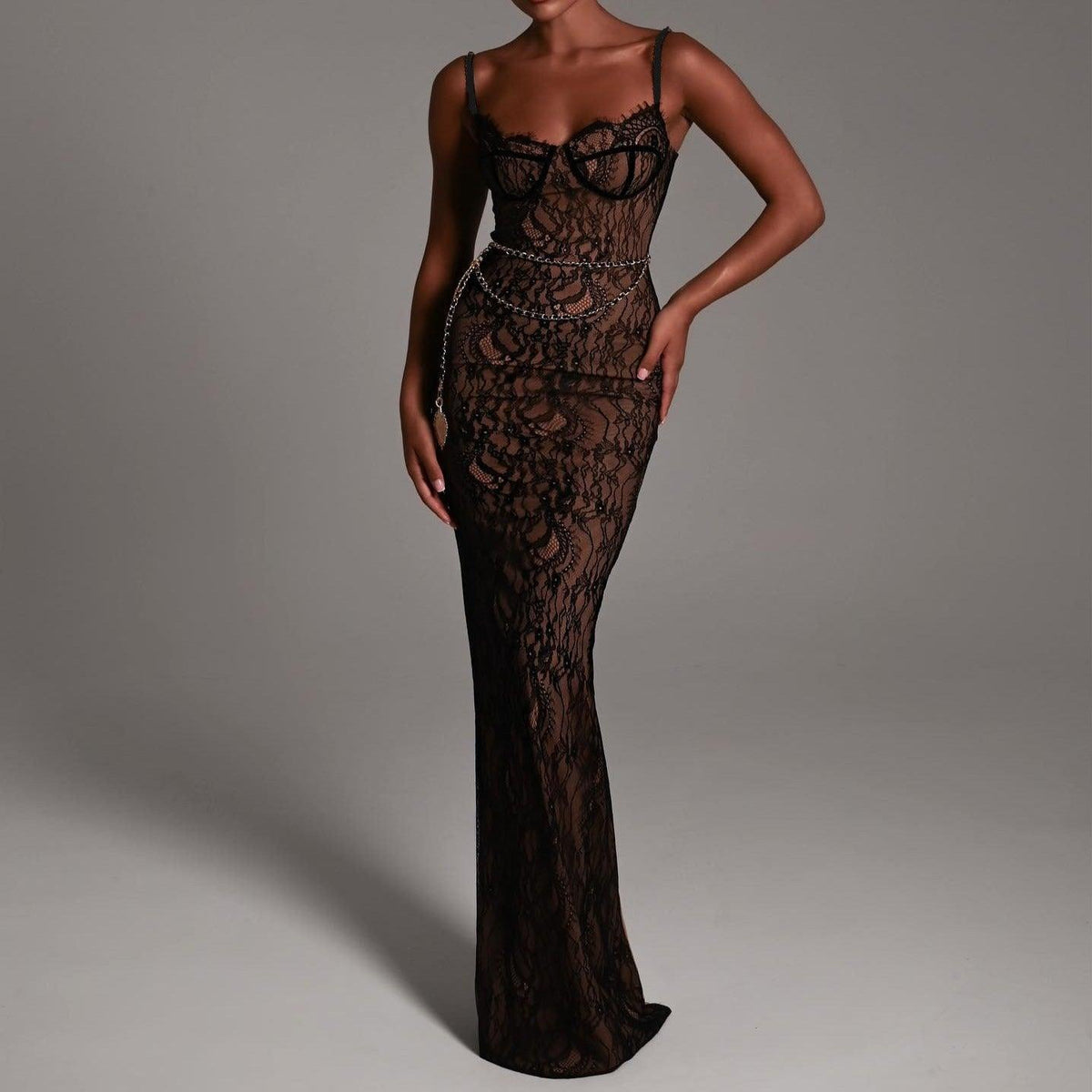Sweetheart Neck Spaghetti Strap Lace Corset Chain Belt Maxi Dress