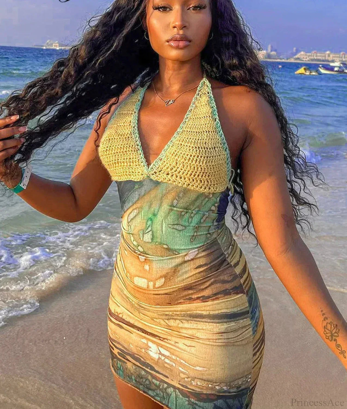 Crochet Halter Deep V Abstract Print Mesh Bodycon Mini Dress 2
