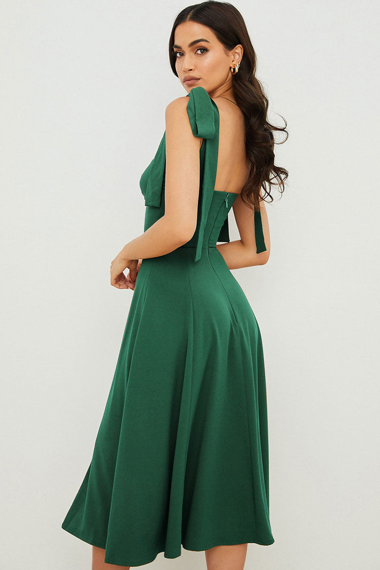 Tie Shoulder Strap Sweetheart Ruched Bust High Split Fit and Flare Midi Dress 2