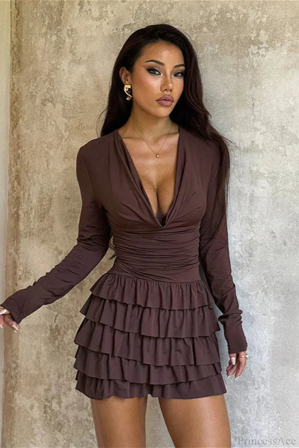 Deep V-Neck Ruched Tiered Ruffle Hem Long Sleeve Mini Dress 3