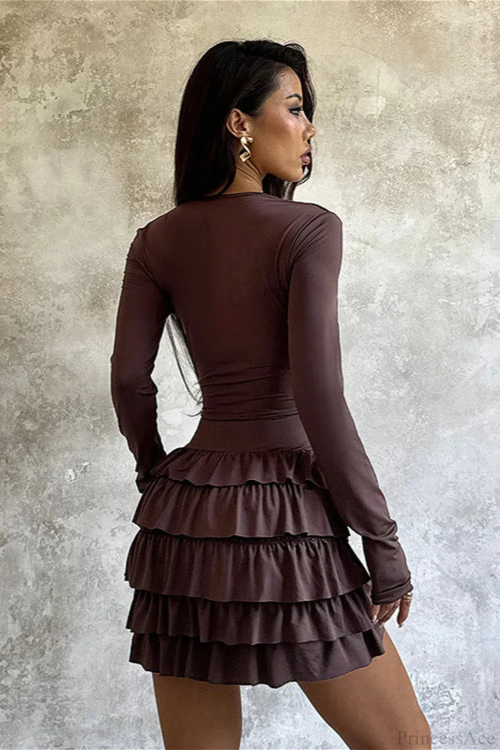 Deep V-Neck Ruched Tiered Ruffle Hem Long Sleeve Mini Dress 4
