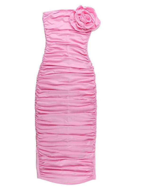 Strapless 3D Floral Rosette Ruched Side Slit Maxi Dress 4