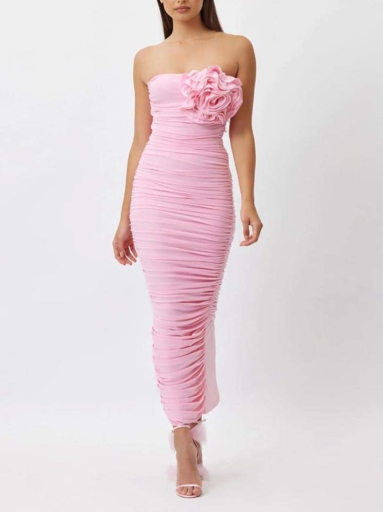 Strapless 3D Floral Rosette Ruched Side Slit Maxi Dress 2