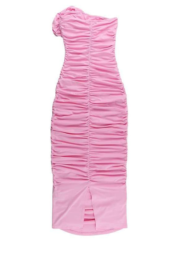 Strapless 3D Floral Rosette Ruched Side Slit Maxi Dress 5