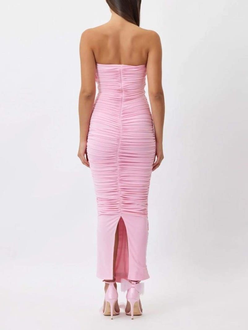 Strapless 3D Floral Rosette Ruched Side Slit Maxi Dress 3